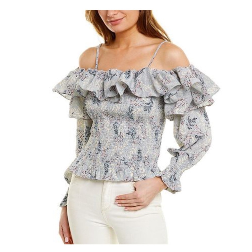 New! GRACIA Ruffled Cold Shoulder Shirred Top